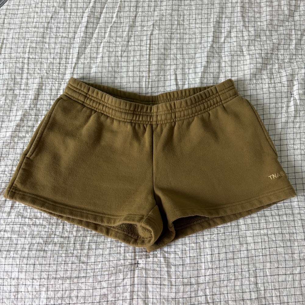 Aritzia TNA Olive Sweat Fleece Cozy Boyfriend Fit Shorts